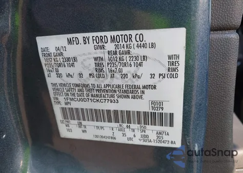 2012 Ford Escape Xlt z USA, uszkodzony, nr VIN 1FMCU0D71CKC77933